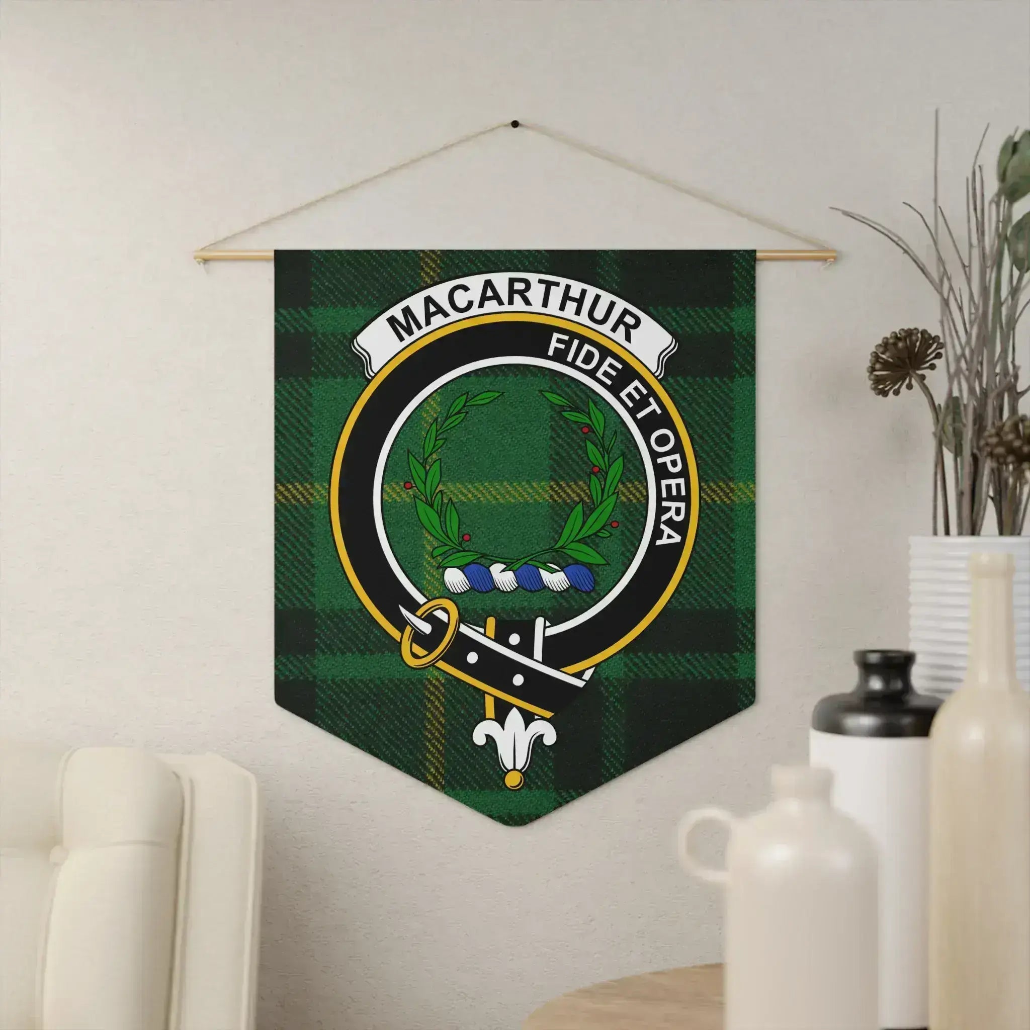 MacArthur clan crest tartan pennant — Fide et Opera wall hanging on polyester twill with wooden dowel