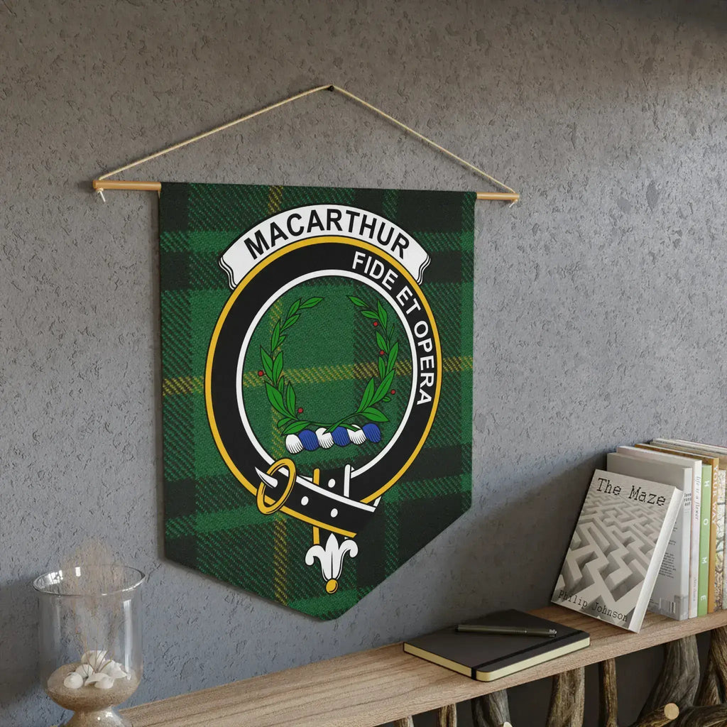 MacArthur clan tartan pennant — clan crest and laser-cut edge detail