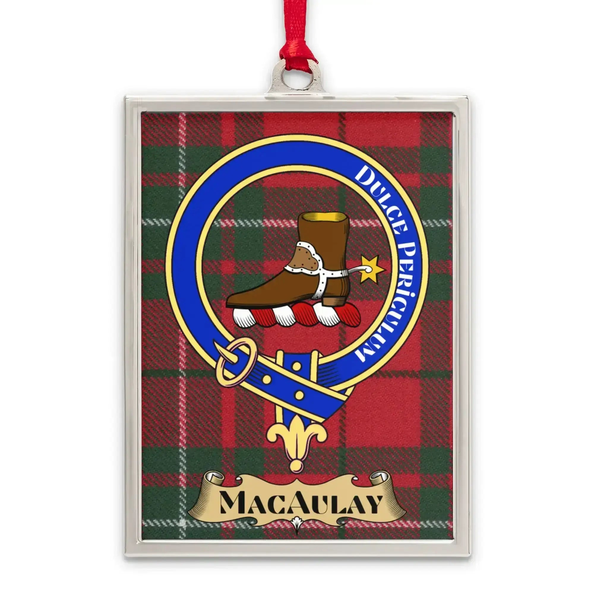 MacAulay tartan-background crest ornament shown as a Scottish heritage keepsake gift