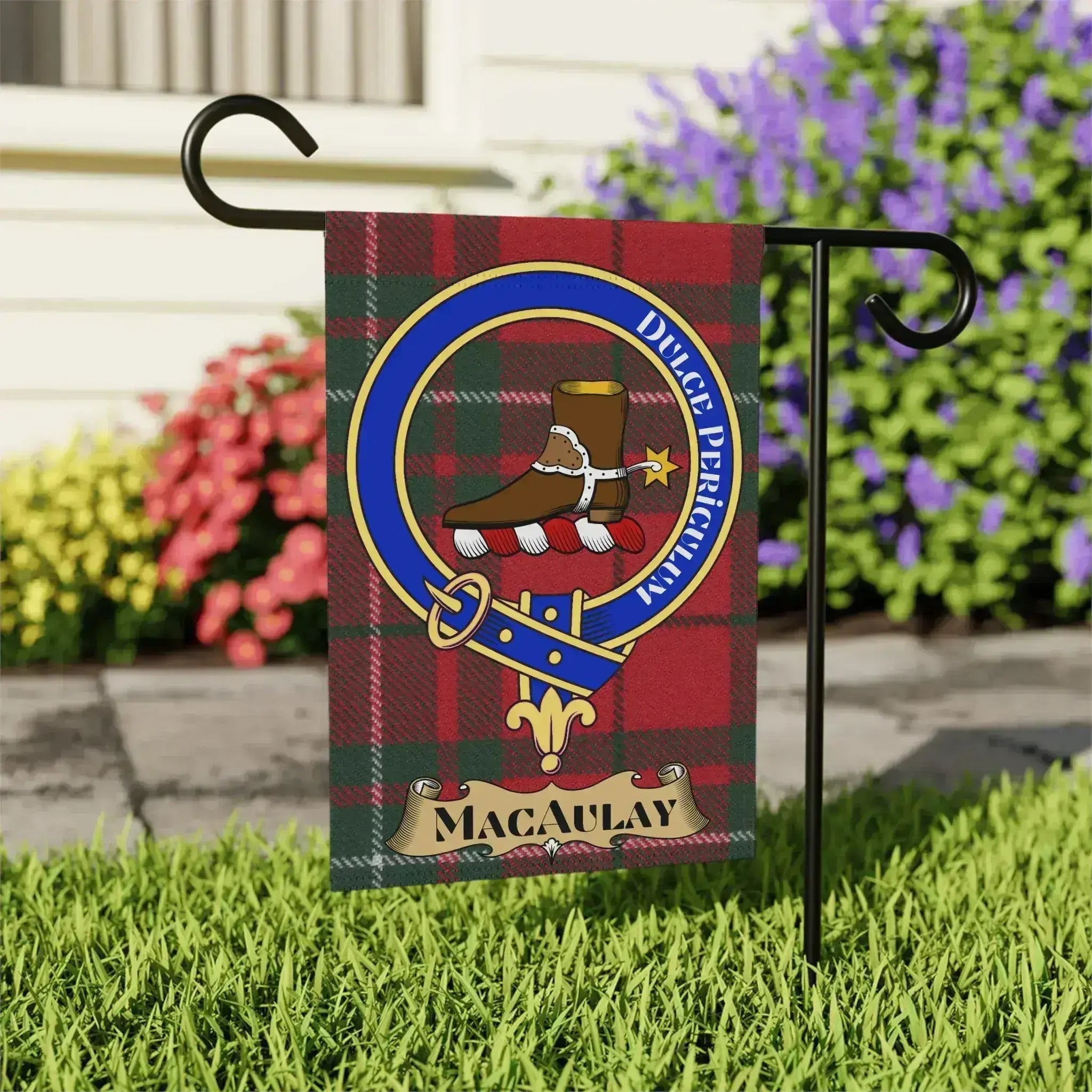 Clan MacAulay tartan garden flag — Dulce Periculum crest design, 12x18 inch poly poplin-canvas
