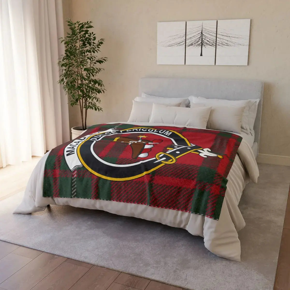Red and Green Plaid Blanket with Viking Warrior Design