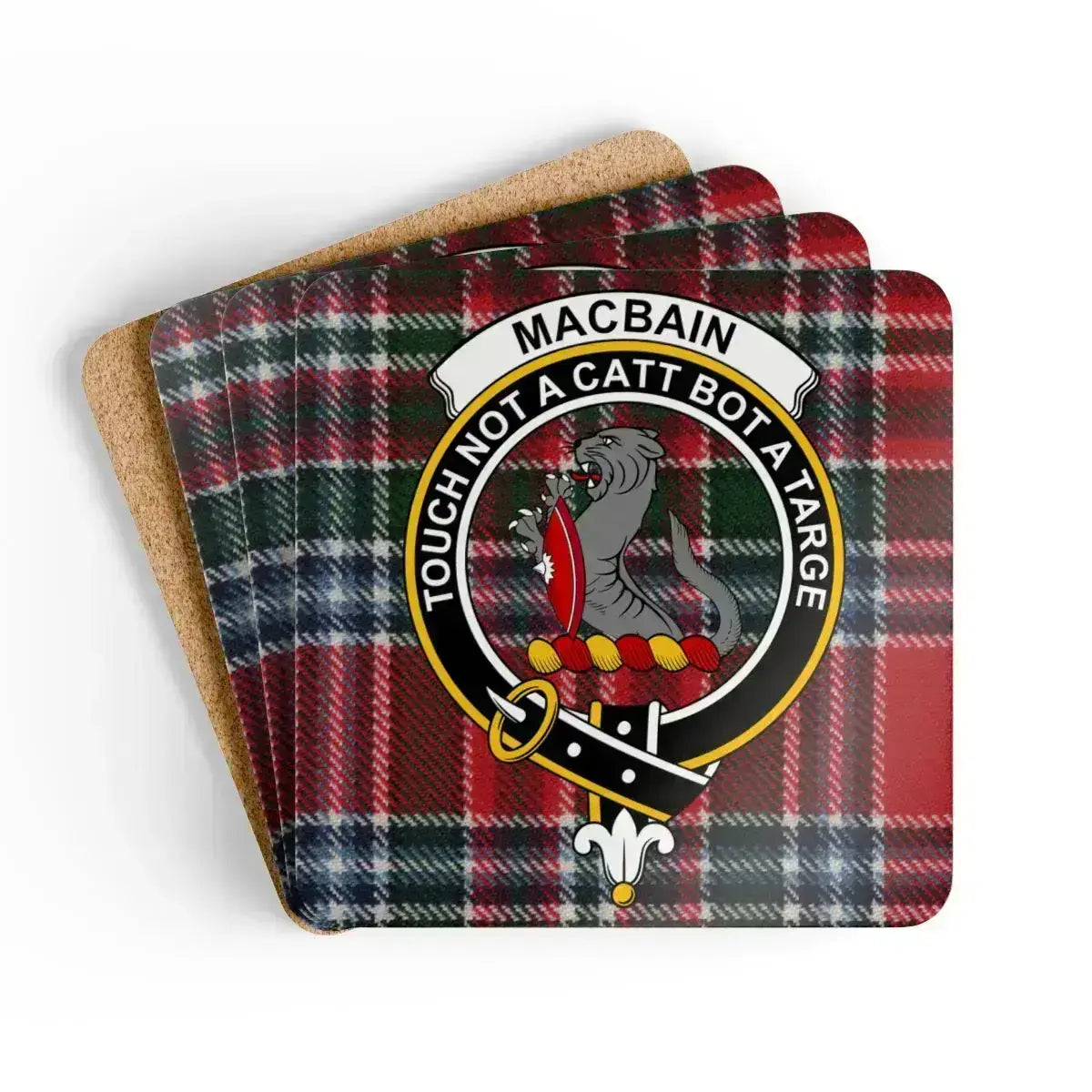 Clan MacBain tartan crest coaster — Touch Not a Catt Bot a Targe on 3.75 inch square cork coaster