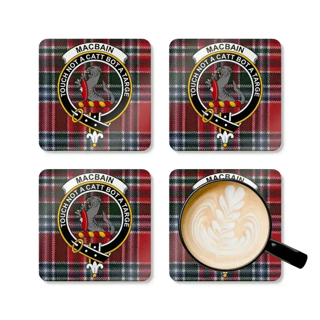 Clan MacBain crest coaster set — four square cork coasters with Touch Not a Catt Bot a Targe motto