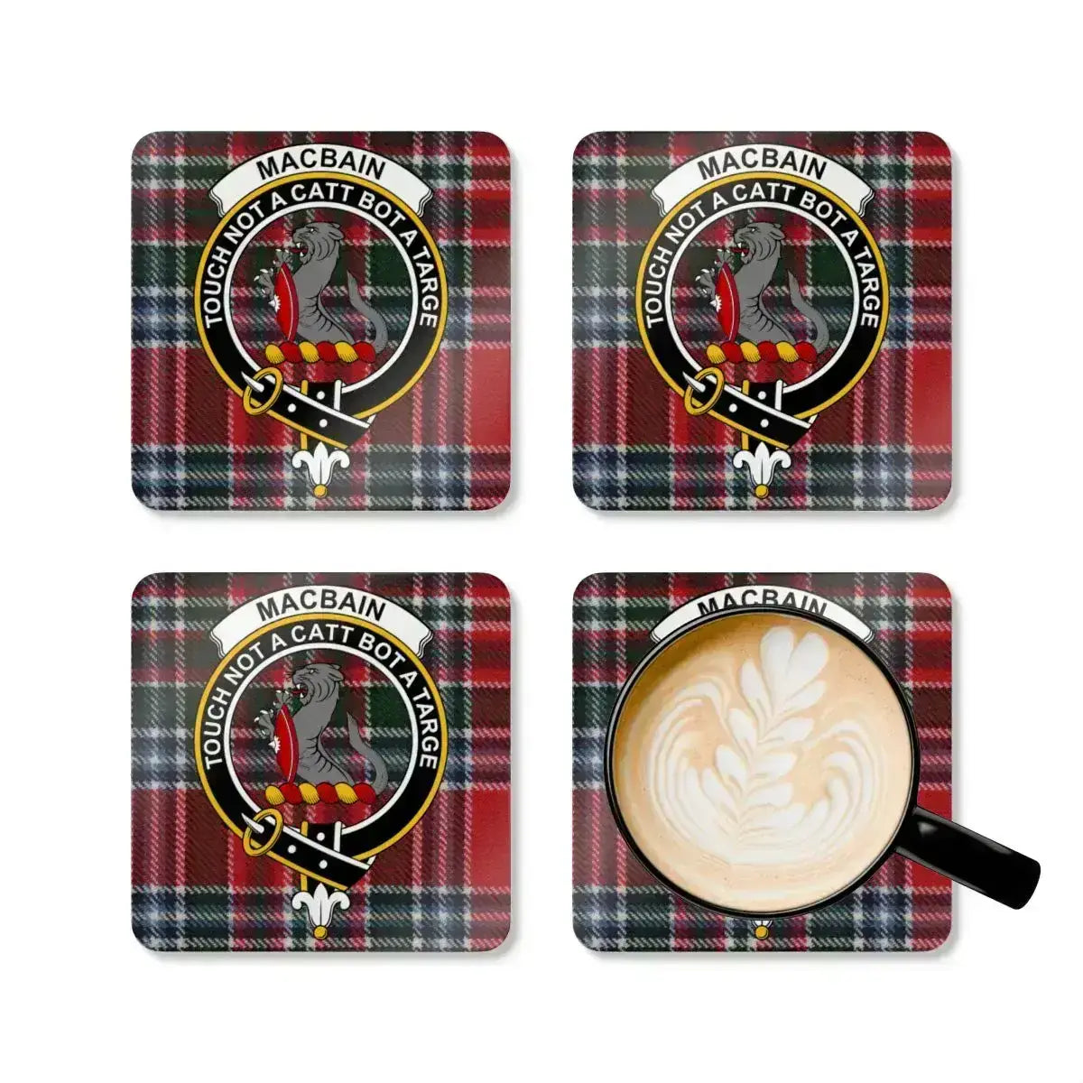 Clan MacBain crest coaster set — four square cork coasters with Touch Not a Catt Bot a Targe motto