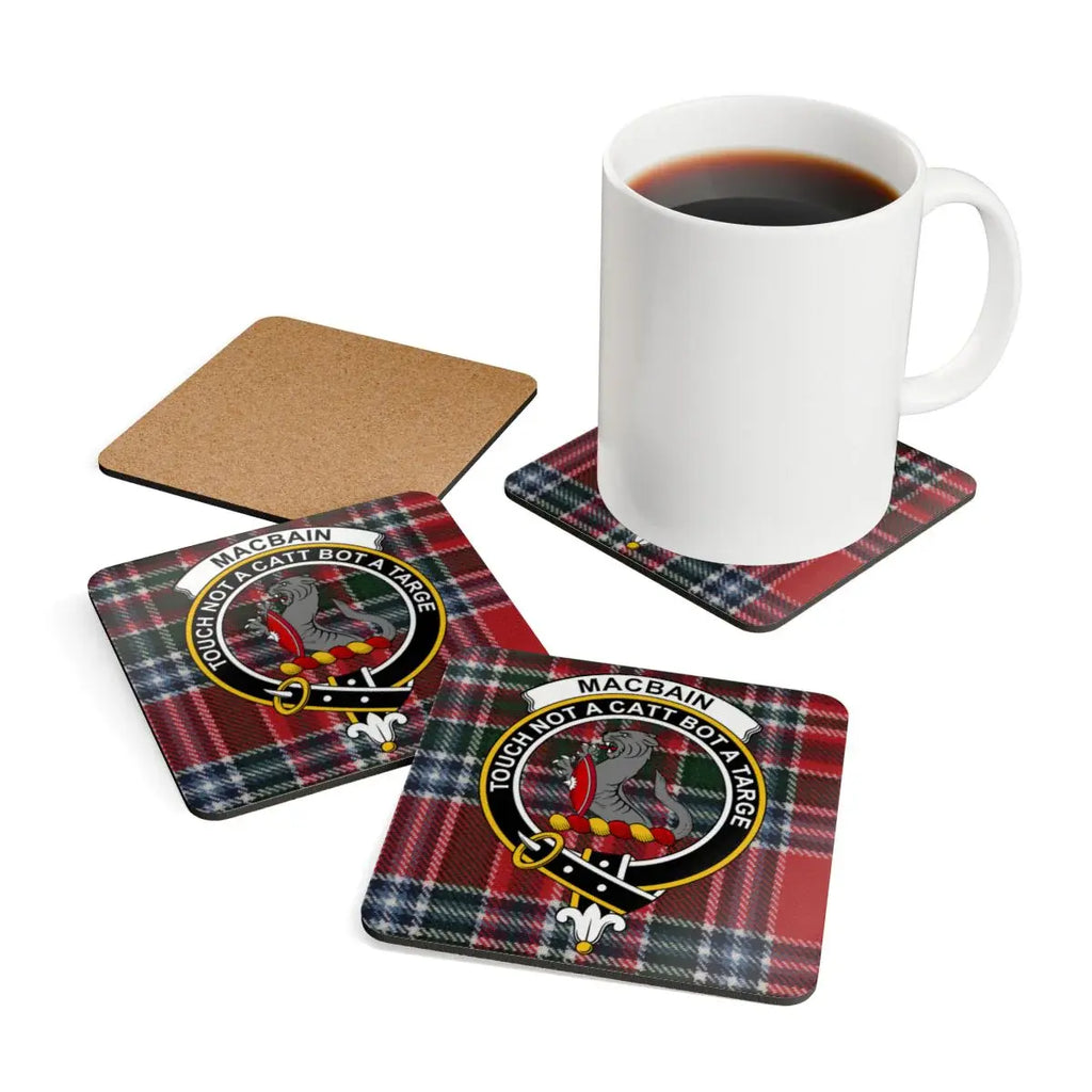 Clan MacBain tartan coaster — glossy full colour wildcat crest design on square cork base