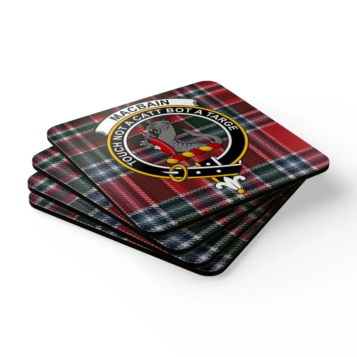 Clan MacBain Catt Bot a Targe tartan coaster — 3.75 inch square with glossy print and cork grip