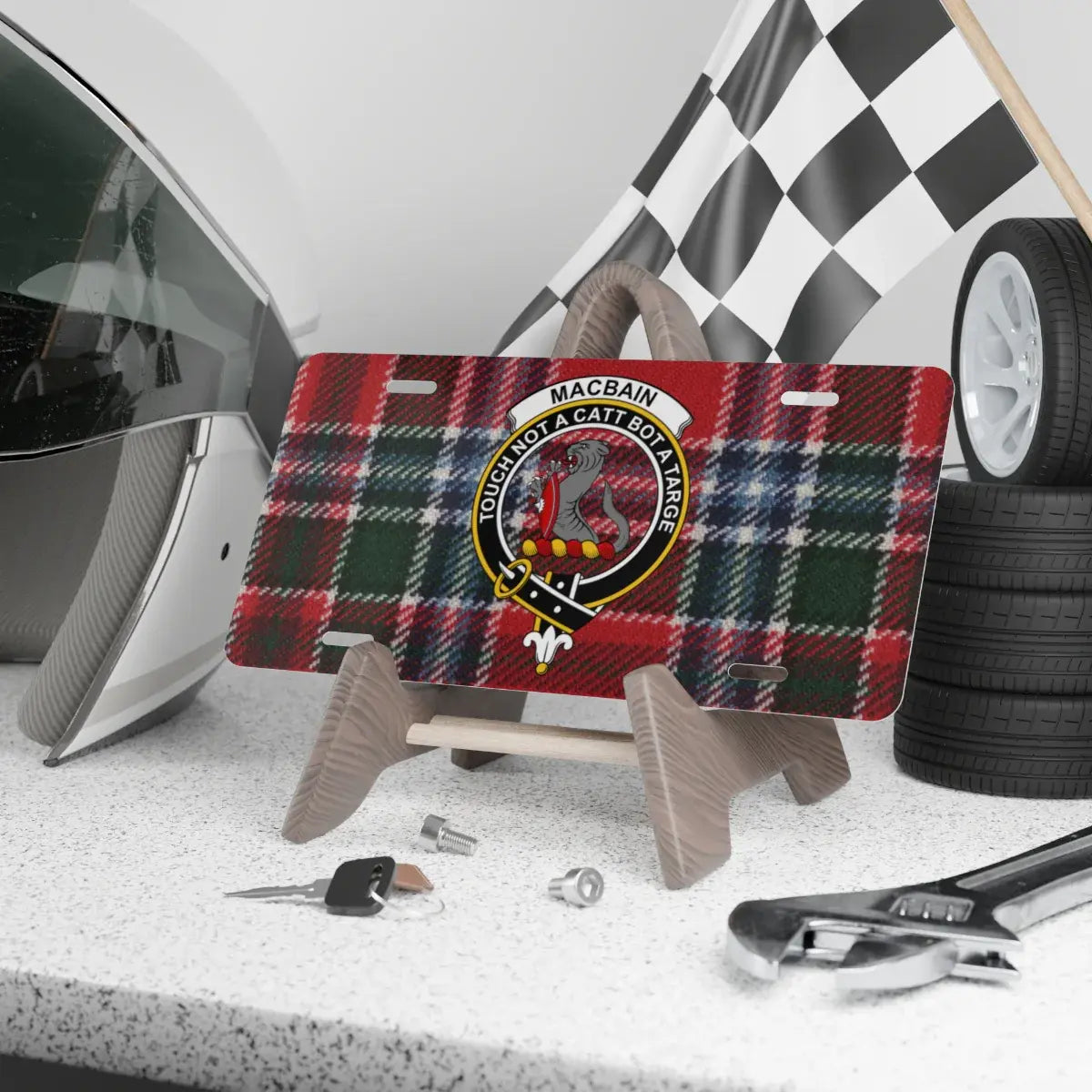 Clan MacBain tartan crest novelty license plate — Touch Not a Catt Bot a Targe, 12x6 inch aluminium