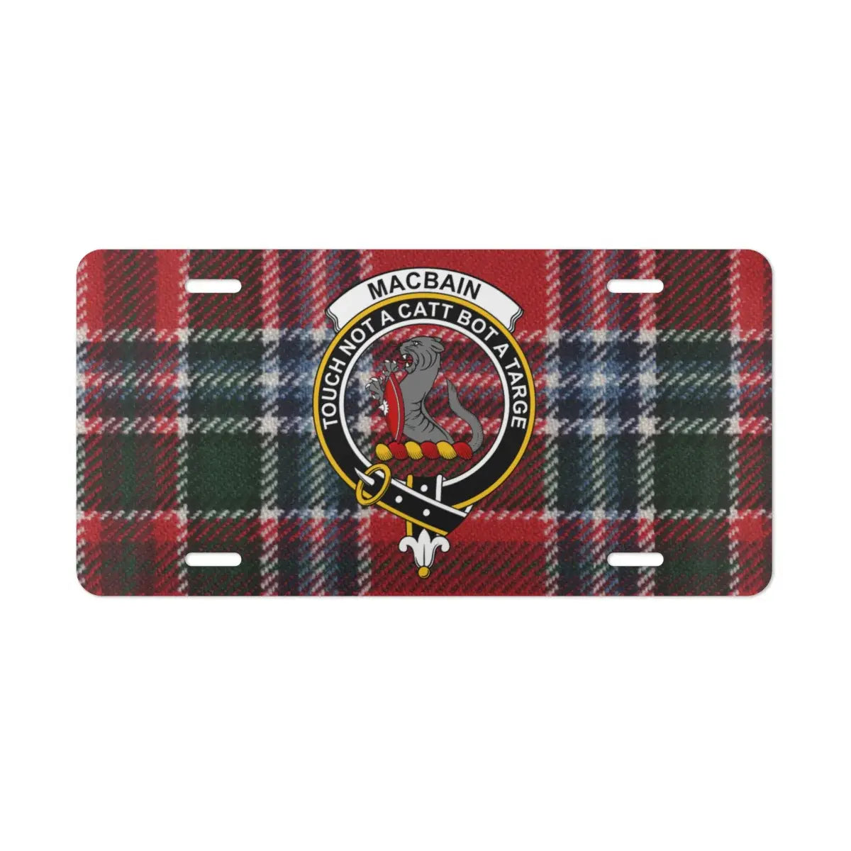 Clan MacBain tartan crest novelty plate — standard 12x6 inch size shown on vehicle display