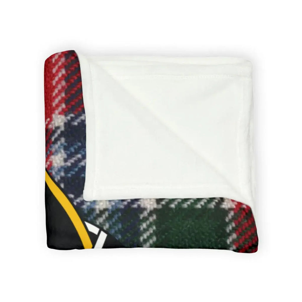 Clan MacBain tartan throw blanket — colourway showing Touch Not a Catt Bot a Targe crest design, white reverse