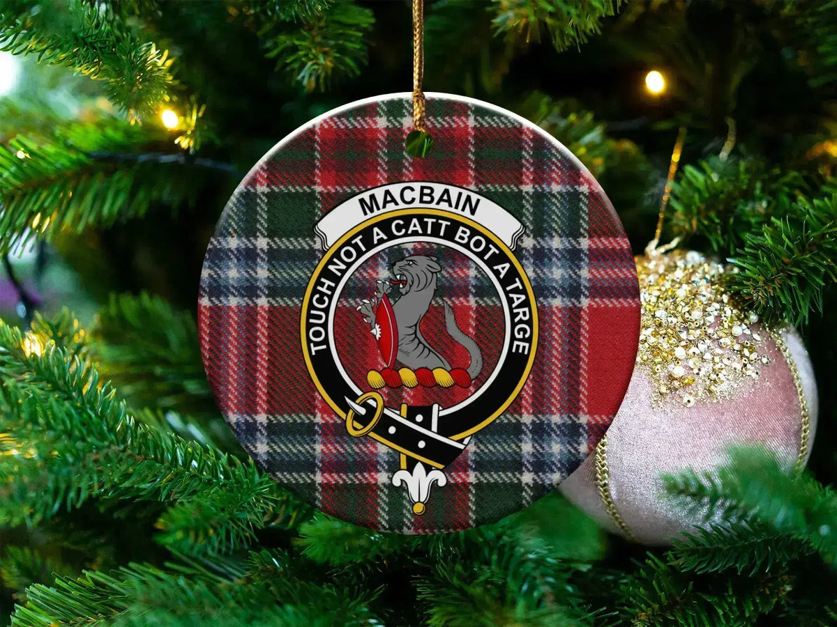 Clan MacBain tartan crest ceramic ornament — Touch Not a Catt Bot a Targe, 3 inch double-sided UV print