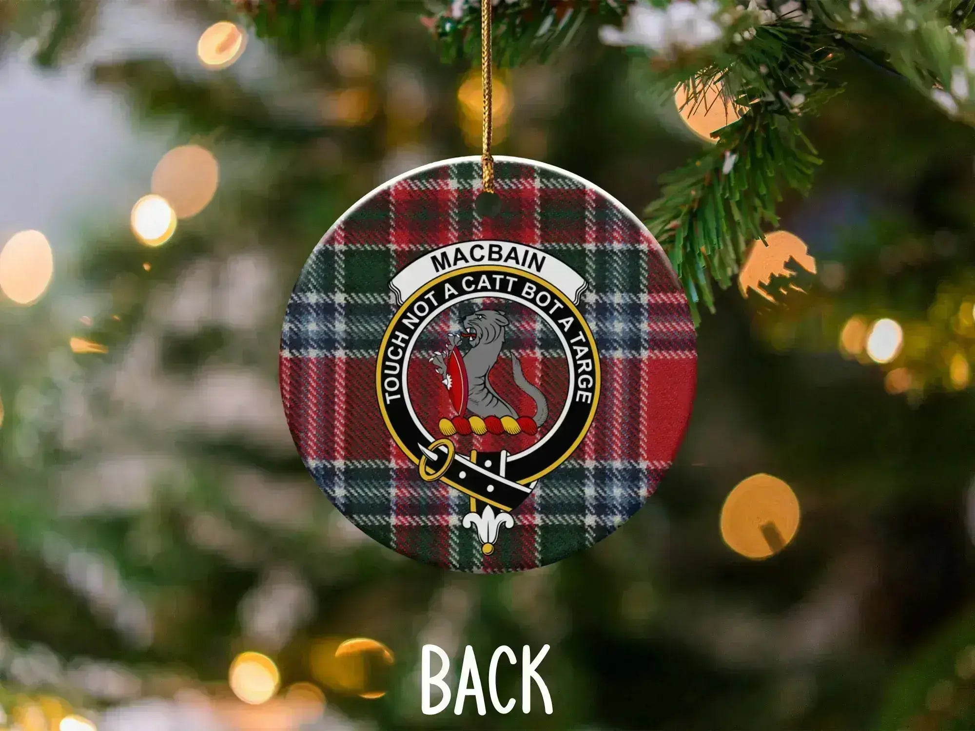Clan MacBain Touch Not a Catt Bot a Targe ornament — reverse side showing tartan and motto design