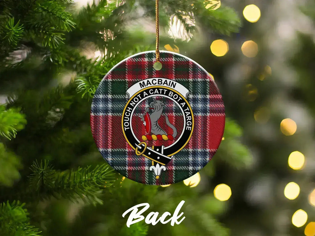 Clan MacBain tartan crest ornament — hanging on Christmas tree, ceramic double-sided print