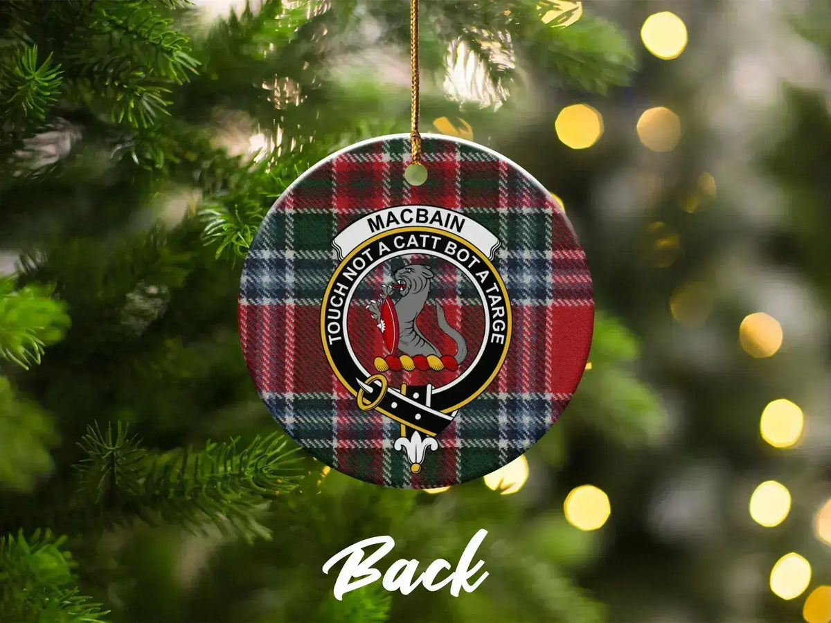 Clan MacBain tartan crest ornament — hanging on Christmas tree, ceramic double-sided print