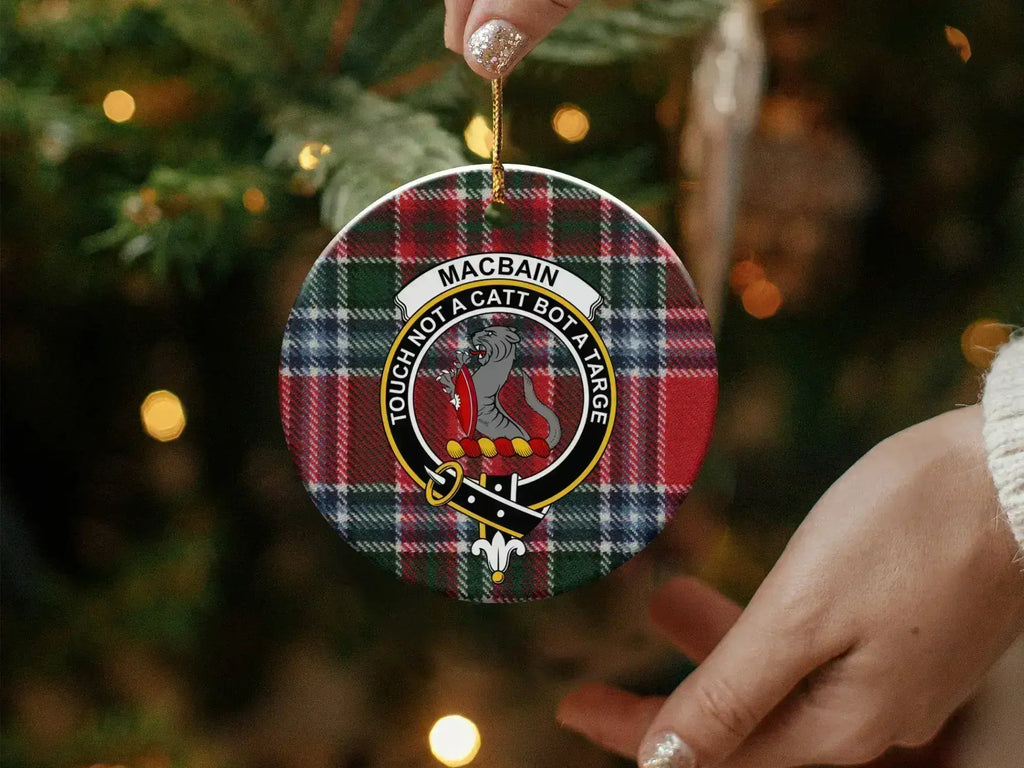 Clan MacBain crest ornament — 3 inch ceramic showing wildcat crest and tartan, gold string included