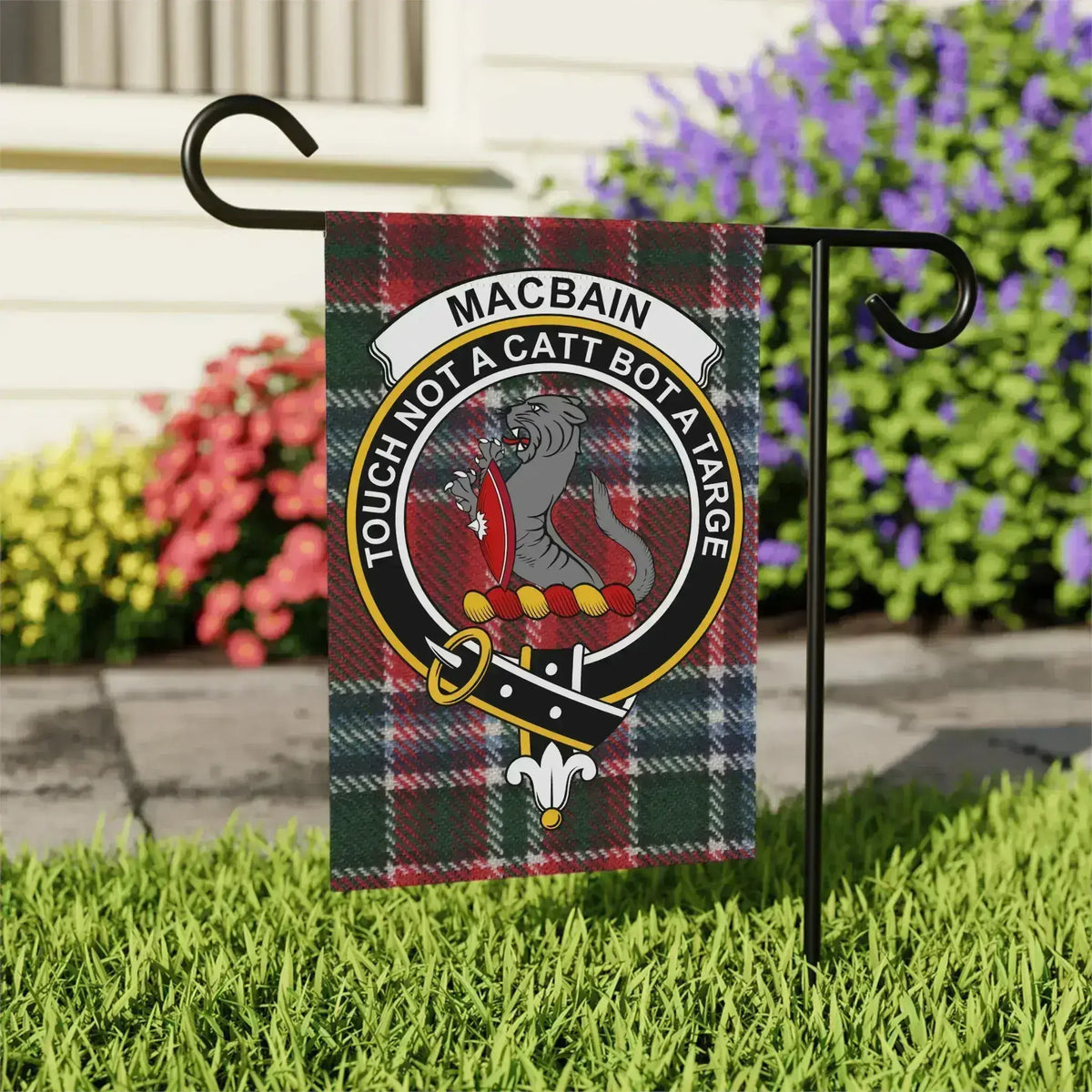 Clan MacBain crest garden flag — full colour tartan print, 24.5x32 inch larger display size