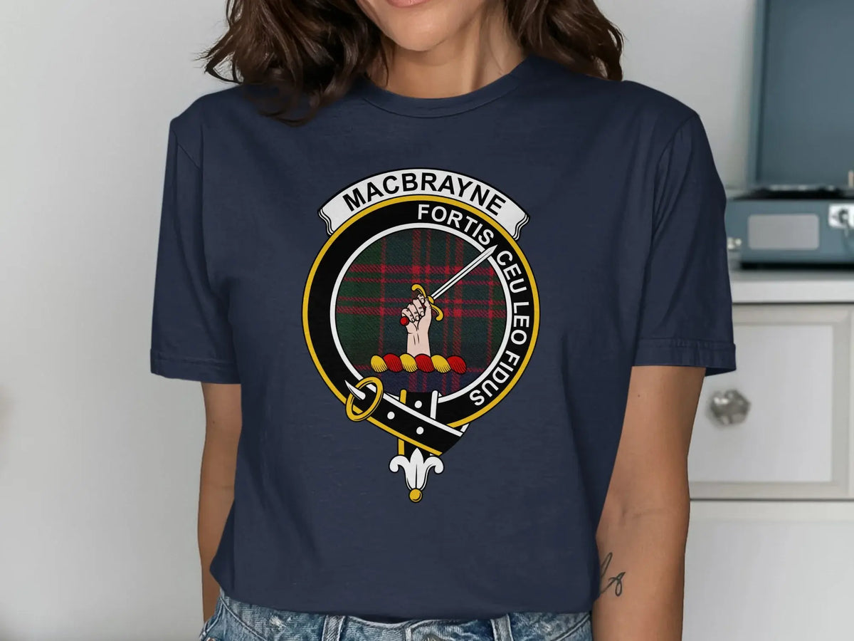 MacBrayne clan crest T-shirt with Fortis Ceu Leo Fidus motto and tartan design — alternate view