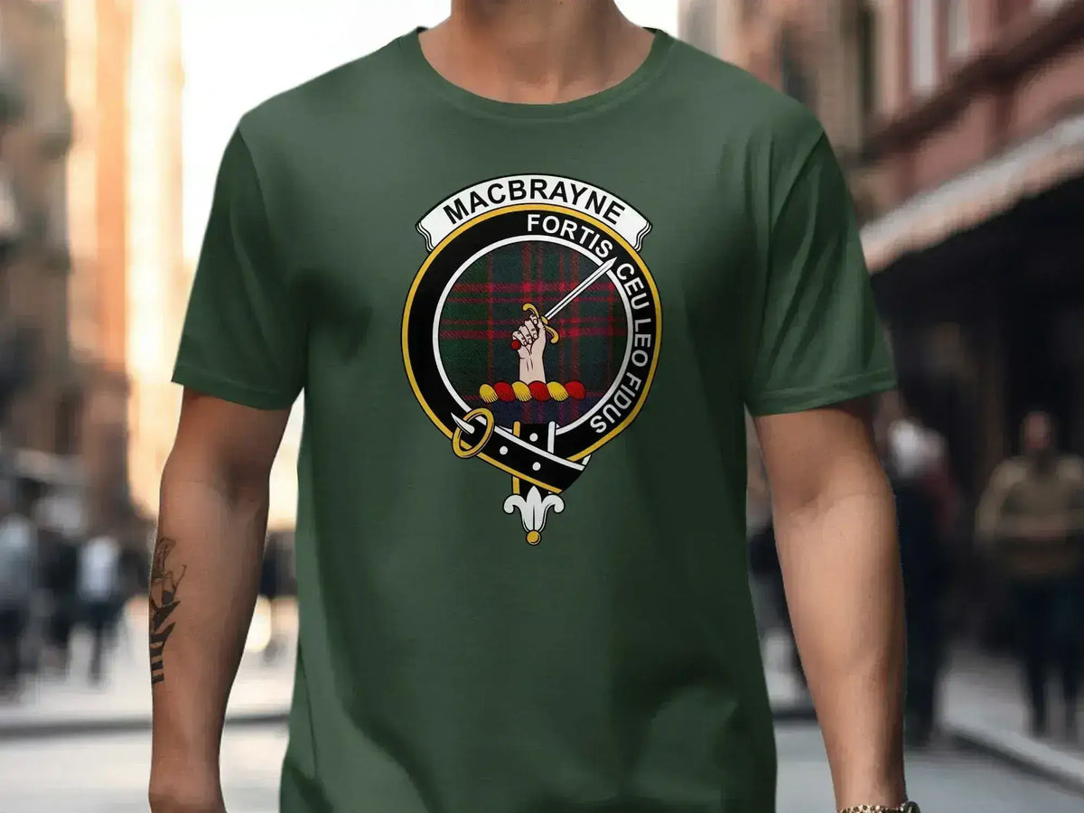 MacBrayne clan crest T-shirt with Fortis Ceu Leo Fidus motto and tartan design — detail view