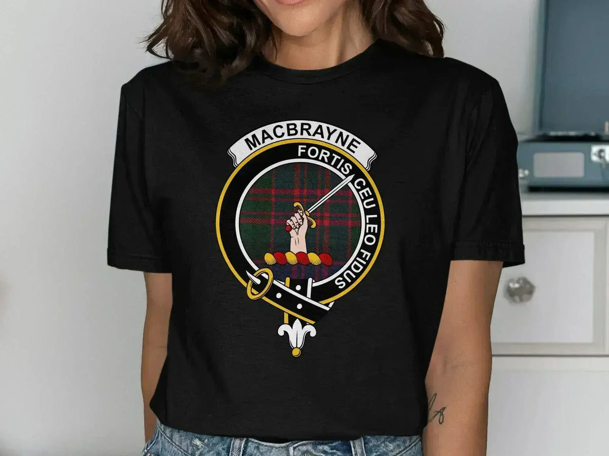 MacBrayne clan crest T-shirt with Fortis Ceu Leo Fidus motto and tartan design — reverse view