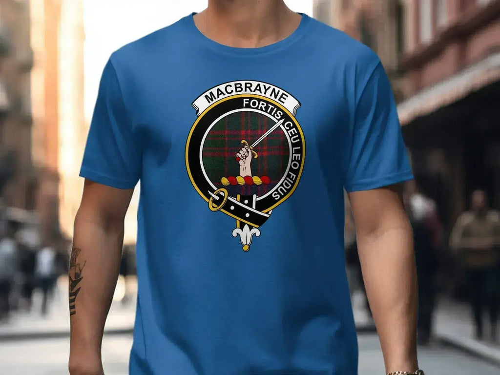 MacBrayne clan crest T-shirt with Fortis Ceu Leo Fidus motto and tartan design — styled view