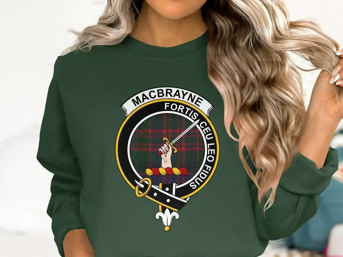 MacBrayne clan crest sweatshirt with Fortis Ceu Leo Fidus motto and tartan design