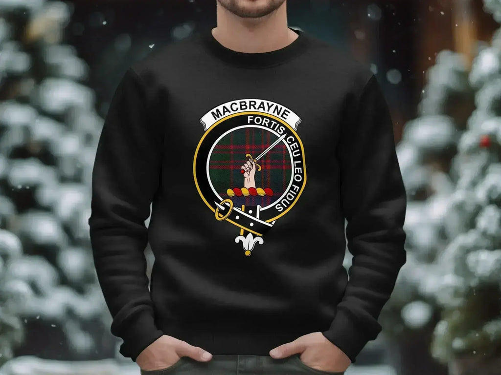 MacBrayne clan crest sweatshirt with Fortis Ceu Leo Fidus motto and tartan design — alternate view