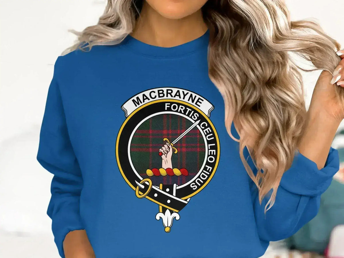 MacBrayne clan crest sweatshirt with Fortis Ceu Leo Fidus motto and tartan design — detail view