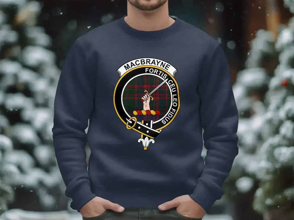 MacBrayne clan crest crewneck sweatshirt with Fortis Ceu Leo Fidus motto and tartan design