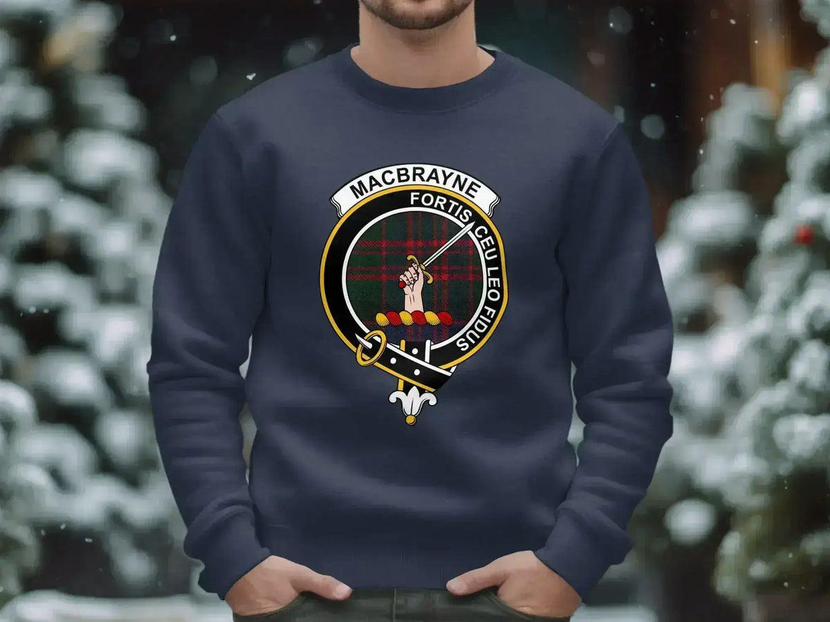 MacBrayne clan crest crewneck sweatshirt with Fortis Ceu Leo Fidus motto and tartan design