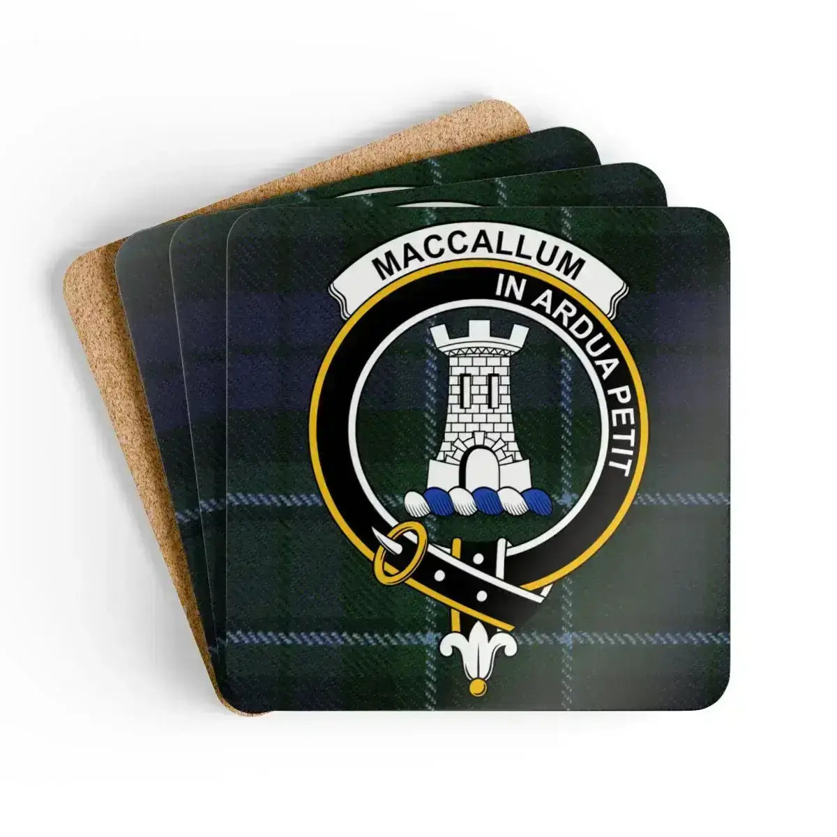 MacCallum clan crest tartan coaster set — glossy print on square cork-backed coasters