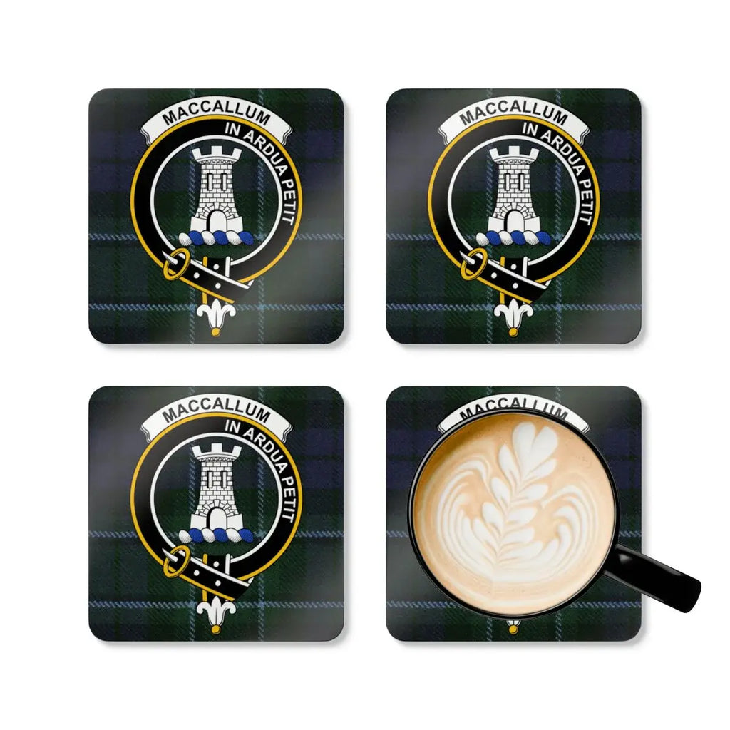 MacCallum In Ardua Petit coaster set displayed on table — full colour Scottish clan crest