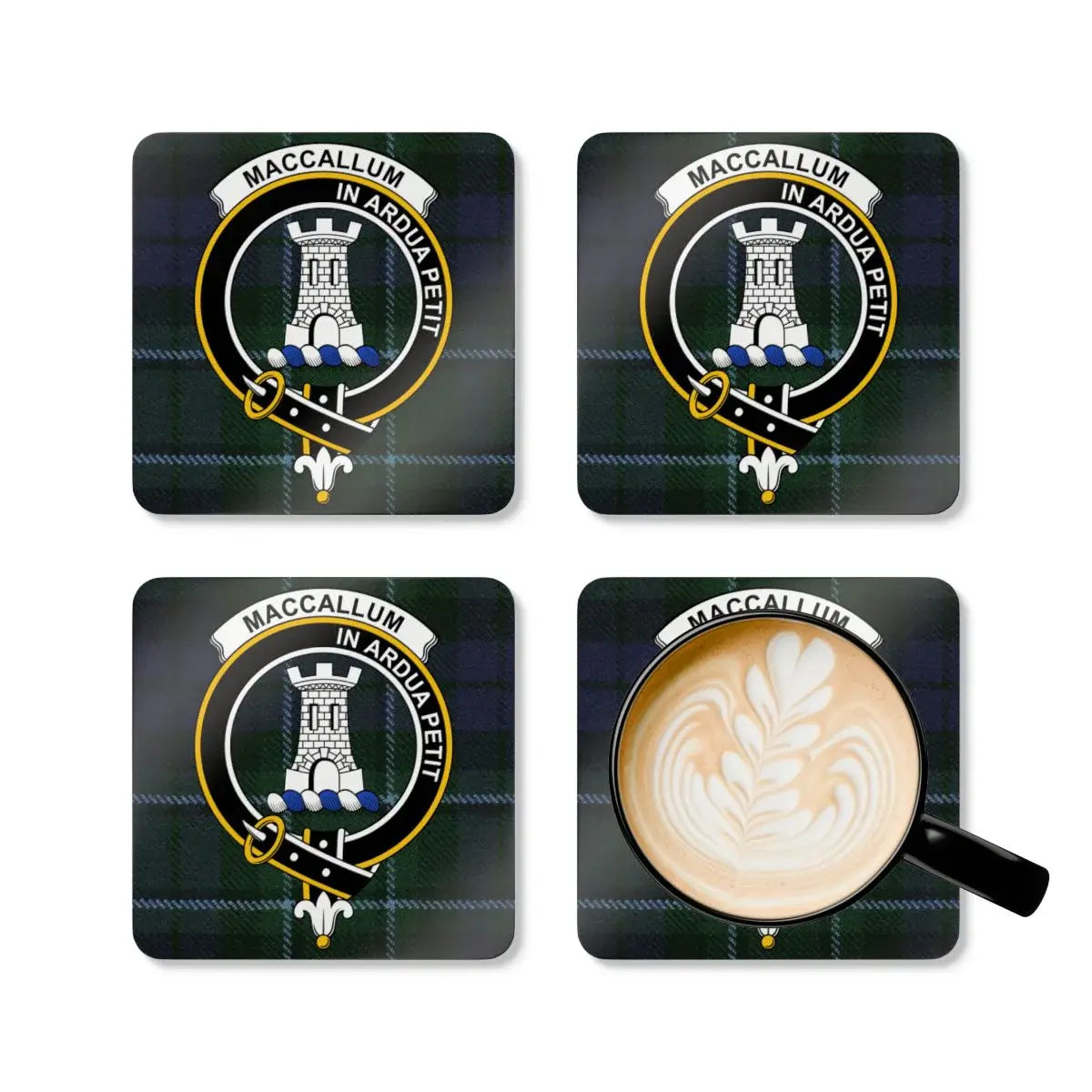 MacCallum In Ardua Petit coaster set displayed on table — full colour Scottish clan crest