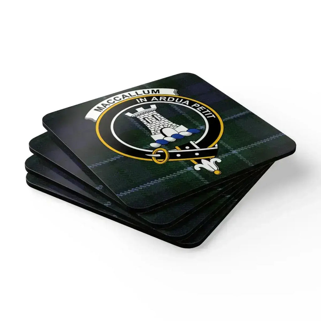MacCallum clan crest coaster in use under mug — 3.75 inch square cork coaster