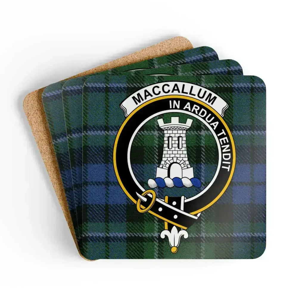 MacCallum clan crest tartan coaster set — cork-backed square, full-colour glossy print