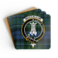 MacCallum clan crest tartan coaster set — cork-backed square, full-colour glossy print