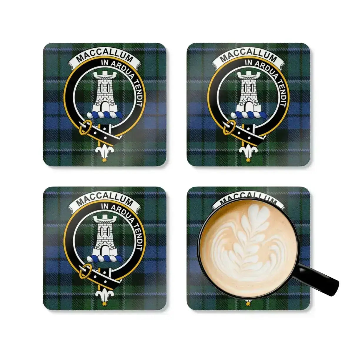 MacCallum In Ardua Tendit tartan coaster set in lifestyle setting — on wooden table
