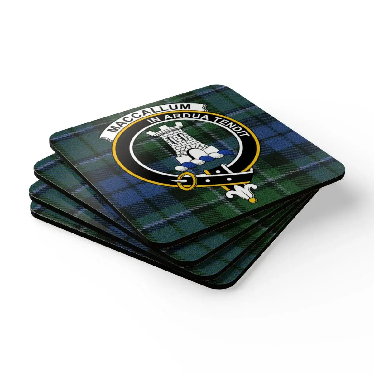 MacCallum tartan crest pattern close-up on square cork coaster — vivid colour detail