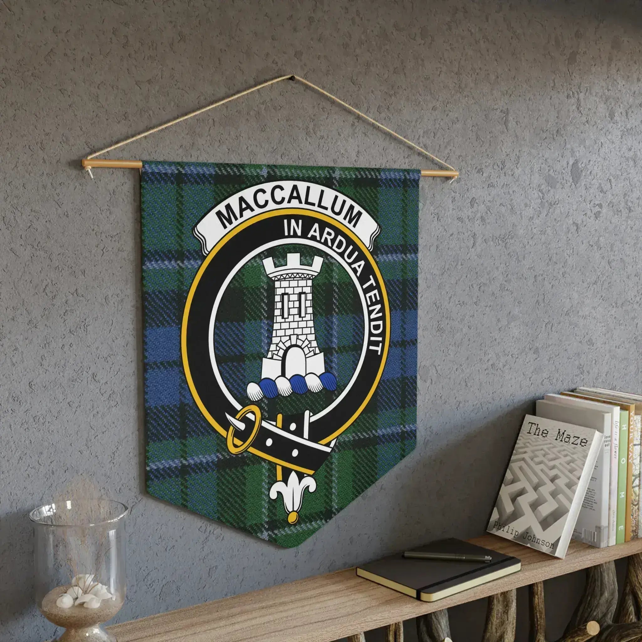 MacCallum Scottish tartan pennant with wooden dowel — hanging wall display 18x21 inch