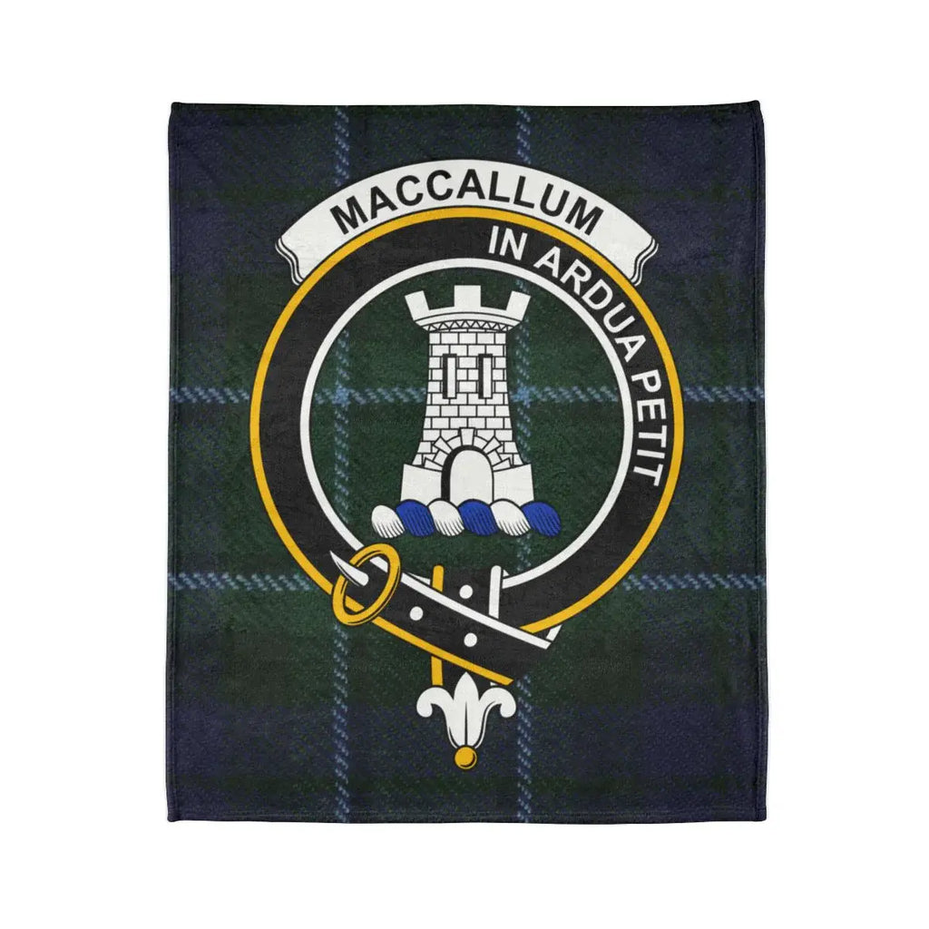 MacCallum tartan throw blanket laid flat — showing full crest and tartan print 50x60