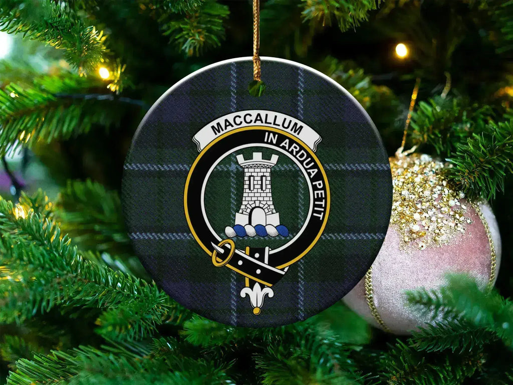 Clan MacCallum tartan crest ceramic ornament — 3-inch round double-sided holiday decoration