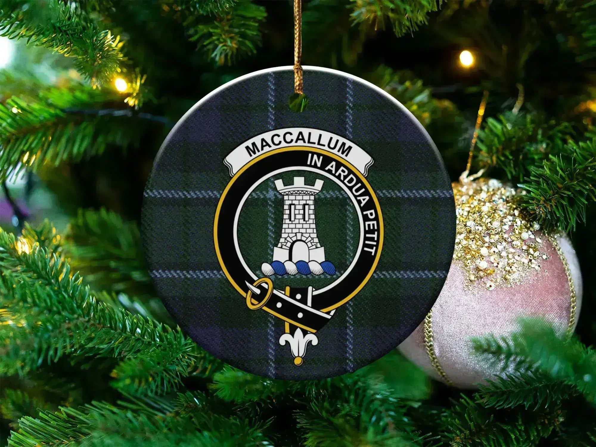 Clan MacCallum tartan crest ceramic ornament — 3-inch round double-sided holiday decoration
