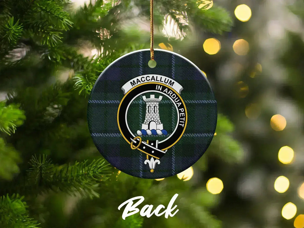 MacCallum Scottish tartan ornament on Christmas tree — ceramic round keepsake