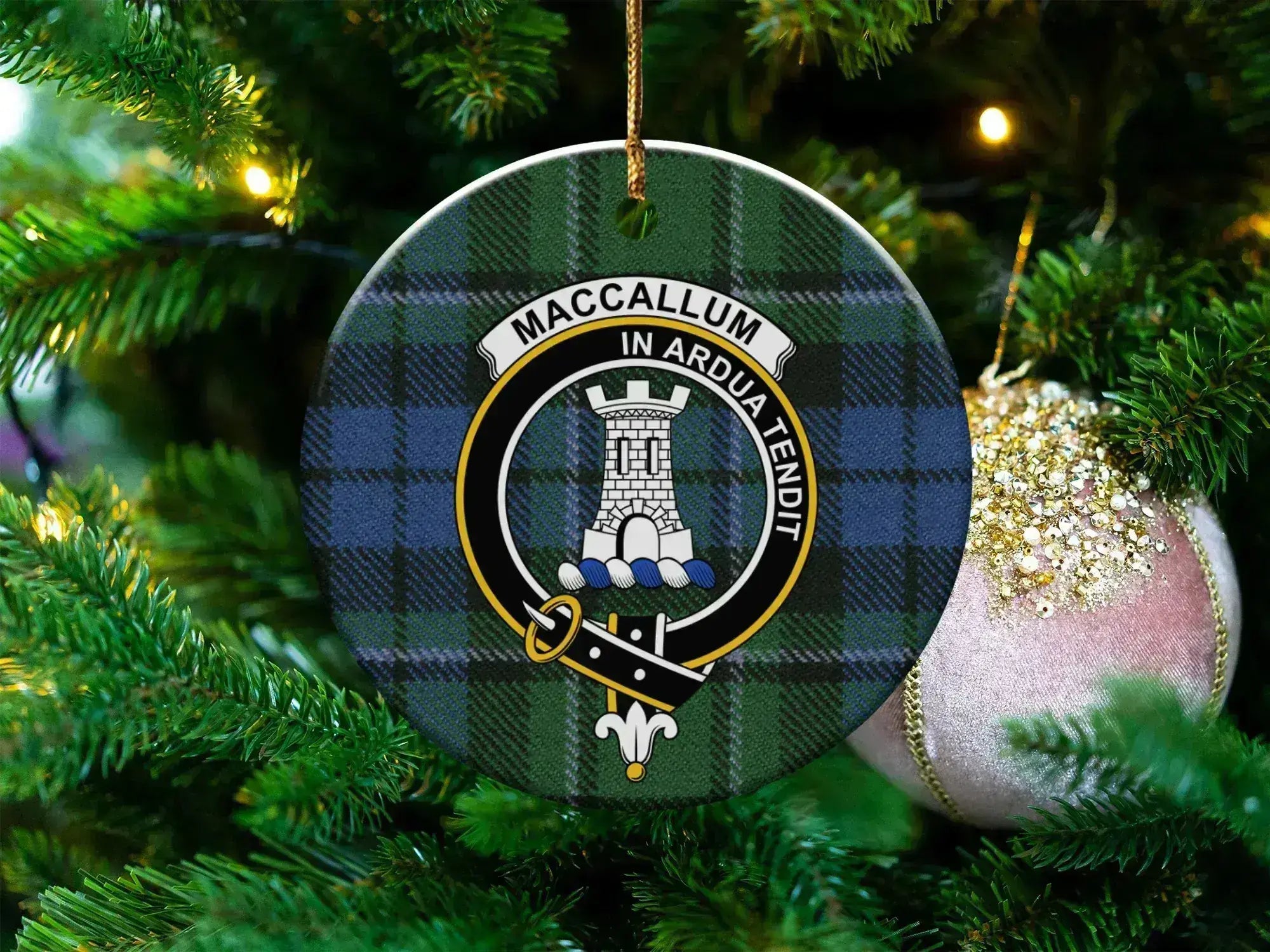 MacCallum clan tartan crest ceramic Christmas ornament — 3-inch round double-sided