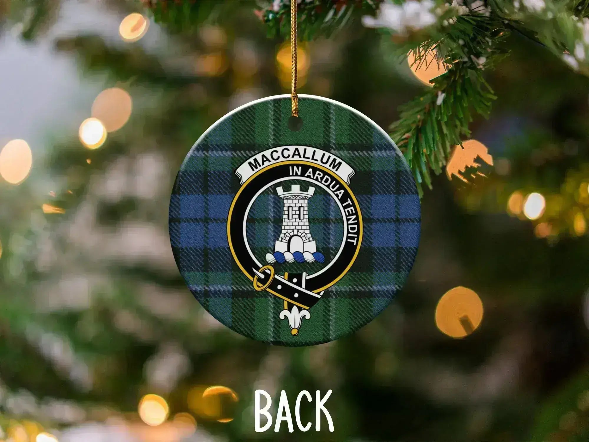 MacCallum tartan ornament reverse side showing crest detail — ceramic holiday decoration