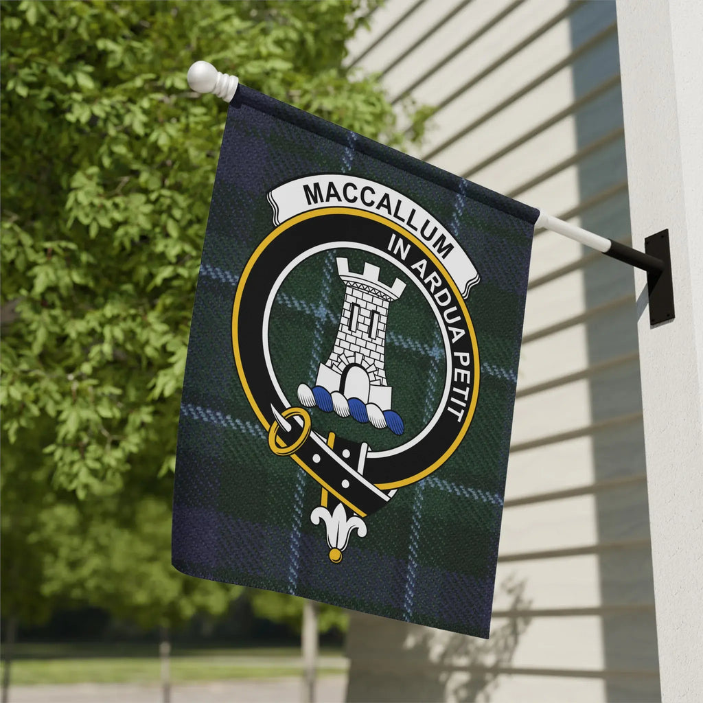 MacCallum clan tartan crest garden flag — blue and green tartan outdoor display flag