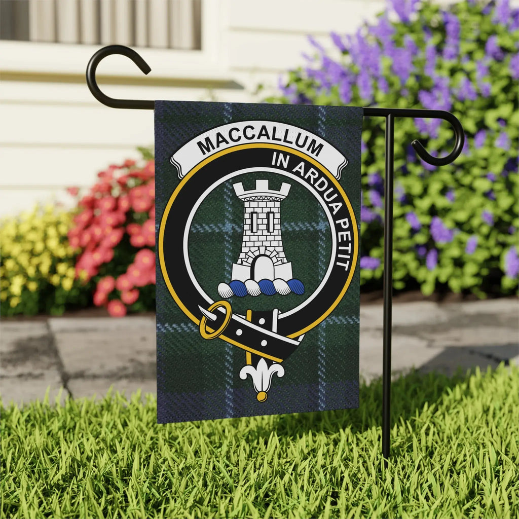 MacCallum Scottish clan crest garden flag shown on outdoor stake — 12x18 size