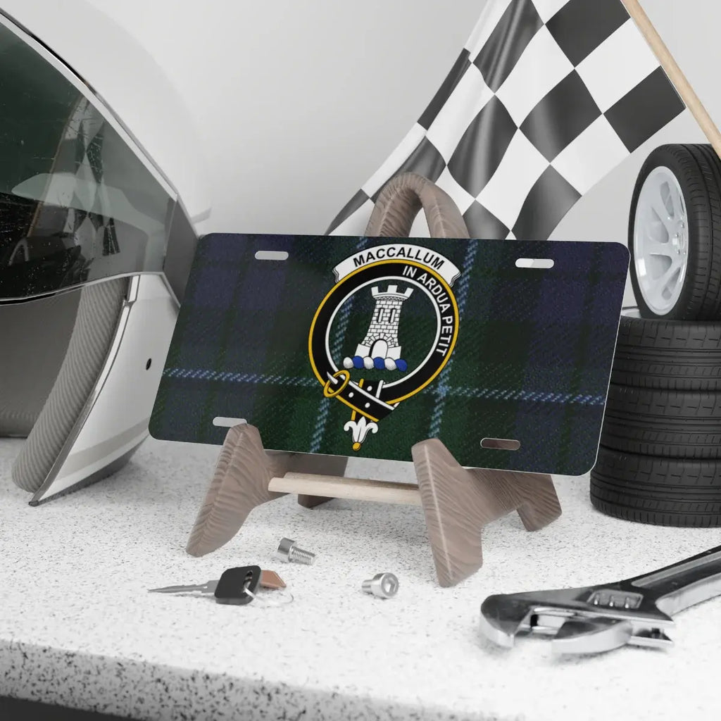 MacCallum clan crest tartan novelty license plate — In Ardua Petit printed on aluminium