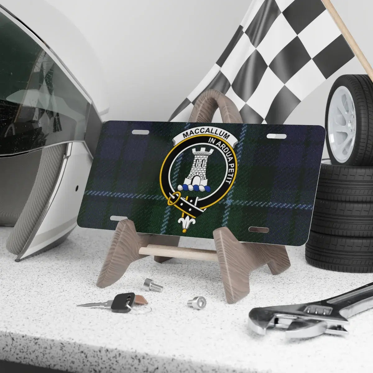 MacCallum clan crest tartan novelty license plate — In Ardua Petit printed on aluminium