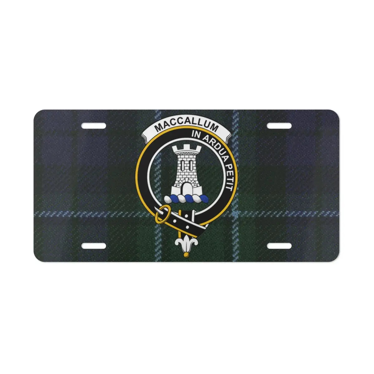 MacCallum In Ardua Petit Scottish tartan crest plate — pre-drilled aluminium novelty plate