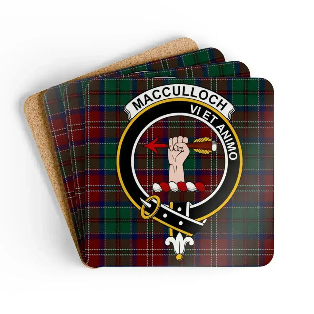 MacCulloch clan crest tartan coaster set — Vi Et Animo glossy print on cork-backed square