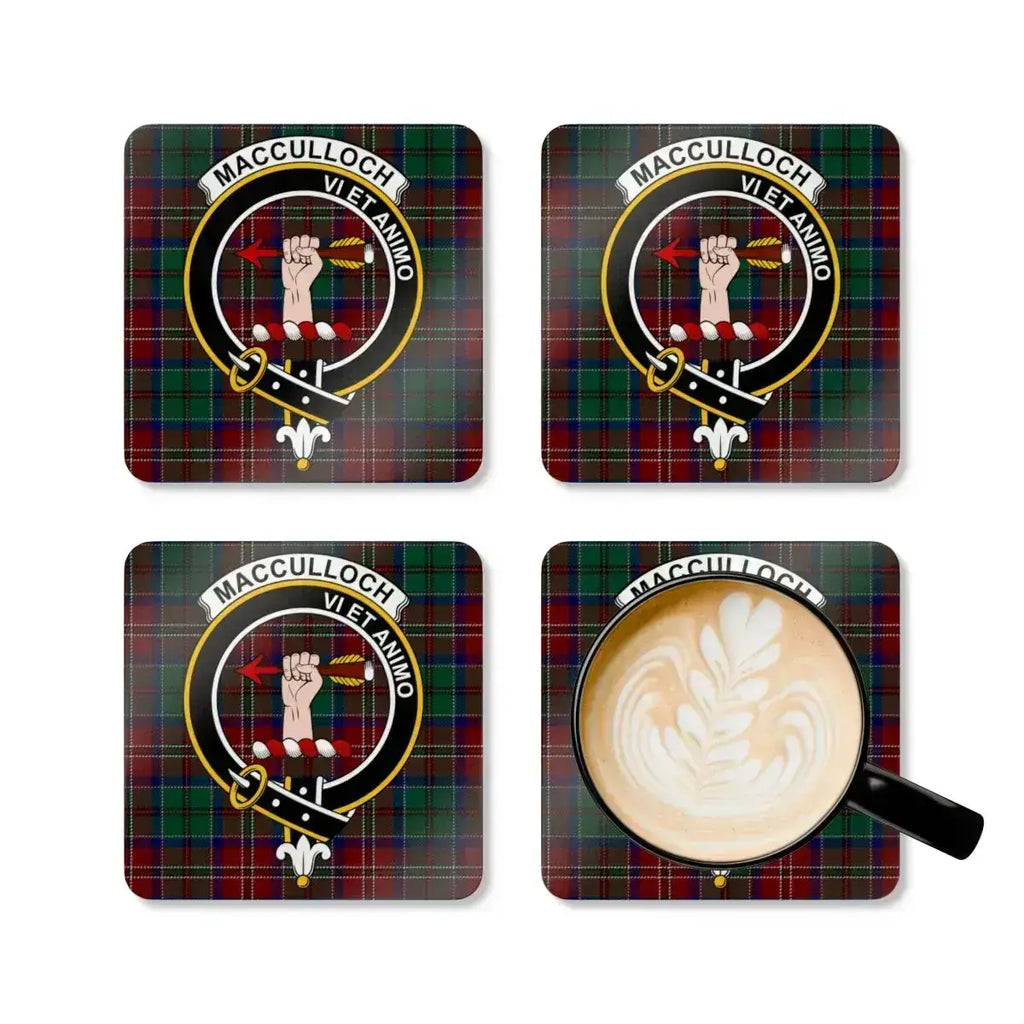 MacCulloch tartan crest coasters displayed on table — full colour Scottish clan crest print